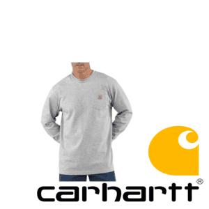 Image of a grey Carhartt crewneck sweatshirt on a model, highlighting durable and stylish workwear. Perfect for casual and rugged fashion.