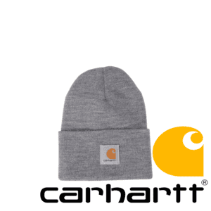 Grey Carhartt beanie hat, durable and warm for outdoor activities.