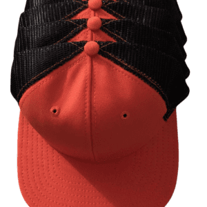 Stylish black and orange baseball cap with mesh details, perfect for outdoor activities in Kuala Lumpur.