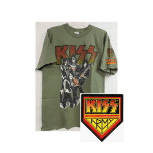 Vintage KISS Army band T-shirt with graphic print of band members and "Official Member" patch.