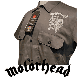 Close-up of a Motohead-themed leather jacket featuring patches and logo at Grateful Campbell Kuala Lumpur.